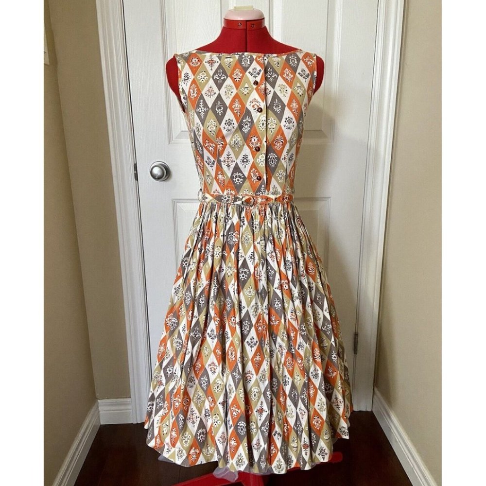 Vintage 1950s Handmade Harlequin Print cotton dress orange grey white